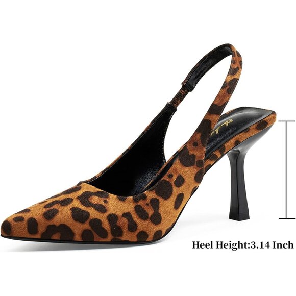 Women Brown Leopard Satin Pointed Closed Toe Slingback Mid Heels Stiletto Pumps - Picture 2 of 9